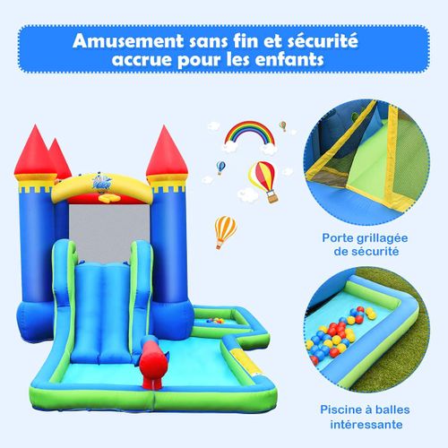 COSTWAY Château Gonflable pour Enfants 3-8 Ans avec Gonfleur 450W Toboggan Pataugeoire Système d
