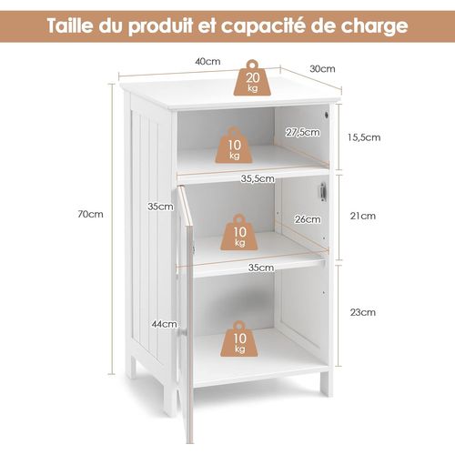 Meuble De Salle De Bain Avec Porte Simple Et Étagère Réglable De Rangement 45 X 30 X 84 Cm, Blanc
