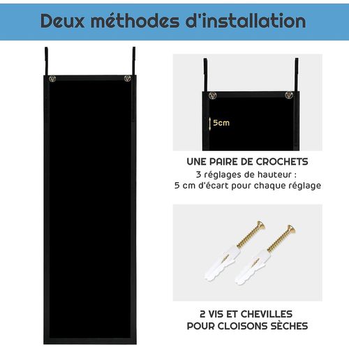 Miroir Mural Suspendu, Miroir De Porte 120 X 37 Cm Avec Crochets De Suspension, Noir