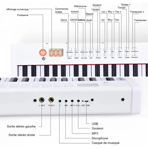 Piano Numérique 88 Touches, Clavier Électronique Portable Avec Touches Lestées(blanc)