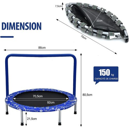 Trampoline Enfants Pliable Ø 92 Cm Avec Housse De Sécurité Matelassée Et Poignée Recouverte Bleu