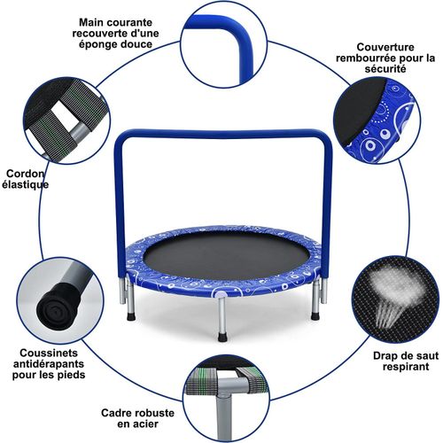 Trampoline Enfants Pliable Ø 92 Cm Avec Housse De Sécurité Matelassée Et Poignée Recouverte Bleu