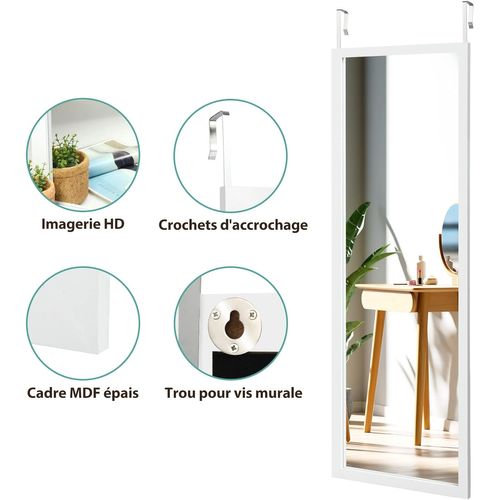 Miroir Mural Suspendu, Miroir De Porte 120 X 37 Cm Blanc
