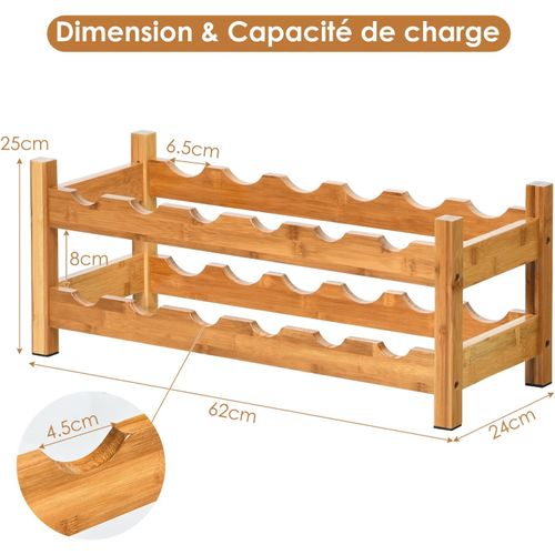 VASMIA Etagère à Vin En Bambou, Armoire De Stockage De Vin Solide Et Durable Comptoir A Vin Pour Garde Manger Cuisine Etagere A Vin Noir De 12 Bouteilles Sur 3 Niveaux