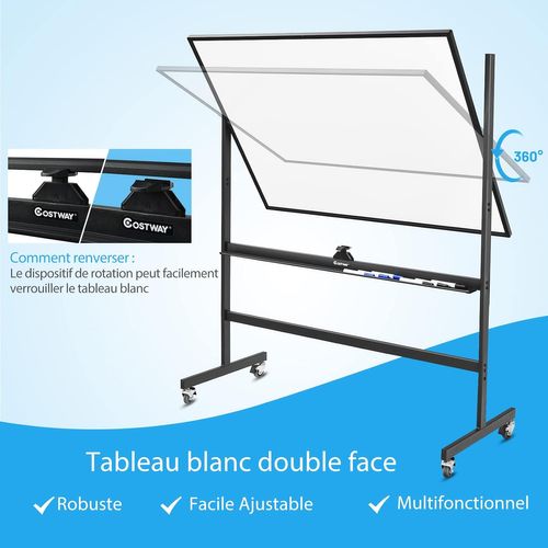 Tableau Blanc Magnétique 90x120cm Réversible à 360° Réglable En Hauteur Avec 4 Roulettes Effaçable