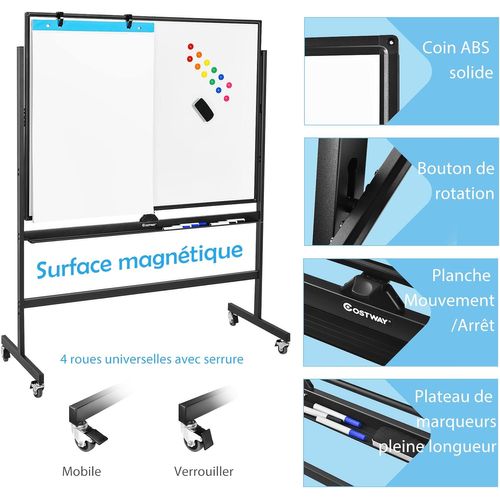 Tableau Blanc Magnétique 90x120cm Réversible à 360° Réglable En Hauteur Avec 4 Roulettes Effaçable