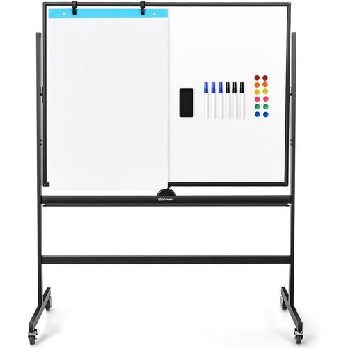 Tableau Blanc Magnétique 90x120cm Réversible à 360° Réglable En Hauteur Avec 4 Roulettes Effaçable
