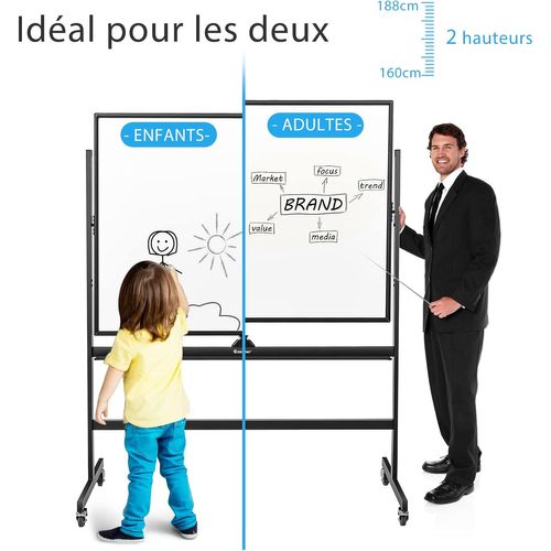 Tableau Blanc Magnétique 90x120cm Réversible à 360° Réglable En Hauteur Avec 4 Roulettes Effaçable