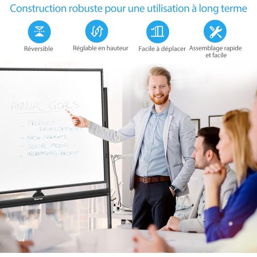 Tableau Blanc Magnétique 90x120cm Réversible à 360° Réglable En Hauteur Avec 4 Roulettes Effaçable