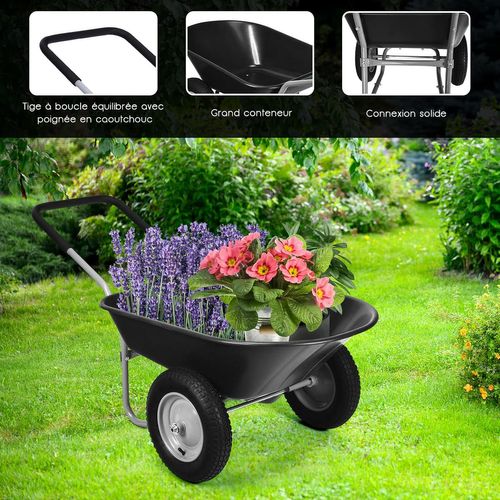 Brouette De Jardin 2 Roues Pneus Pneumatiques 35cm 75L Charge Max 100KG Résistante En Fer Pour Jardinage/Maçonnerie Vert - Gamm Vert