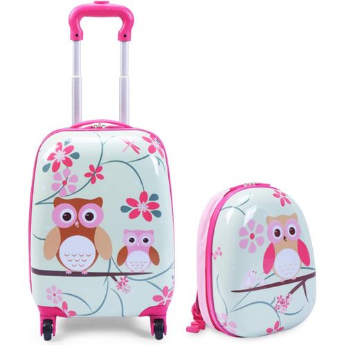 Valise Trolley Pour Enfants à Roulettes 16'' + Sac à Dos 12'' Ensemble De Bagage En Rose Avec Motif
