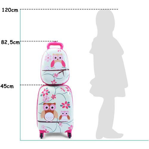 Valise Trolley Pour Enfants à Roulettes 16'' + Sac à Dos 12'' Ensemble De Bagage En Rose Avec Motif