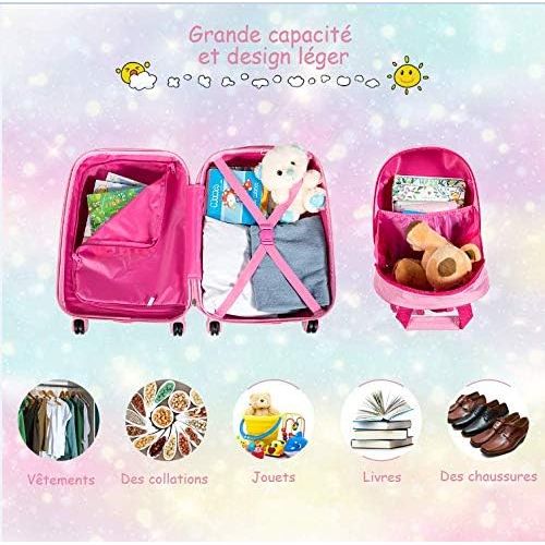 Lot Valise Enfants 16'' + Sac à Dos 12'' Flamants - Roulettes & Poignée Télescopique