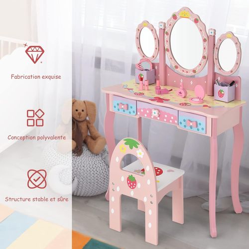 2 En 1 Coiffeuse Et Chaise Enfants Avec Miroir Amovible à Trois Volets Charge 100 50kg Rose