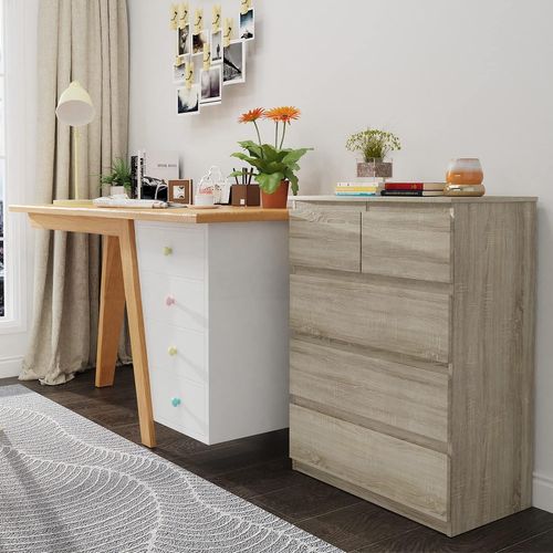 Commode Avec 5 Tiroirs, Armoire Multifonction Moderne Avec Rails En Métal, 75 X 42 X 104 Cm, Marron