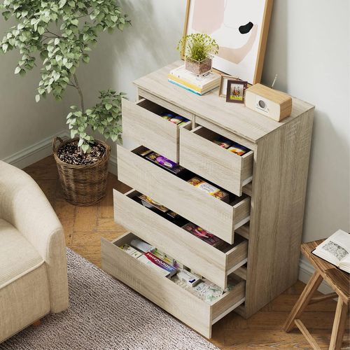 Commode Avec 5 Tiroirs, Armoire Multifonction Moderne Avec Rails En Métal, 75 X 42 X 104 Cm, Marron