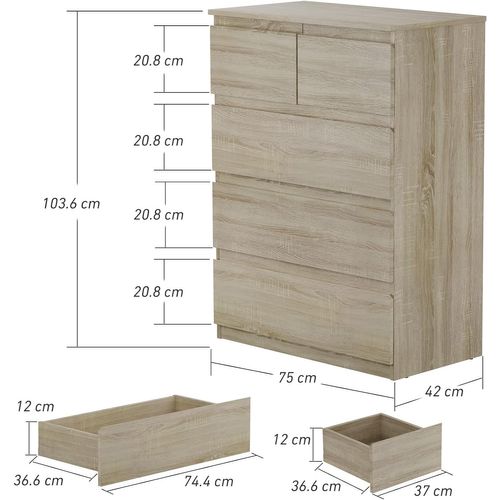 Commode Avec 5 Tiroirs, Armoire Multifonction Moderne Avec Rails En Métal, 75 X 42 X 104 Cm, Marron