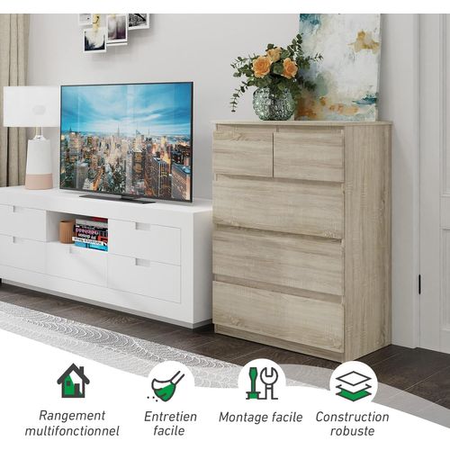 Commode Avec 5 Tiroirs, Armoire Multifonction Moderne Avec Rails En Métal, 75 X 42 X 104 Cm, Marron