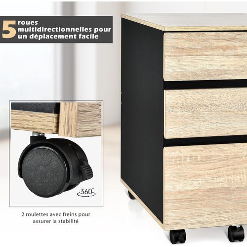 Caisson De Bureau Rangement Bureau Sur Roulettes 3 Tiroir Pour Feuilles A4, Lettre,légal,53x39x58cm