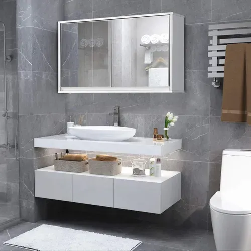 Meuble De Salle De Bain Avec Miroir Hd, 55 X 14 X 45 Cm Armoire Wc Mural, 2 Etagères Blanche