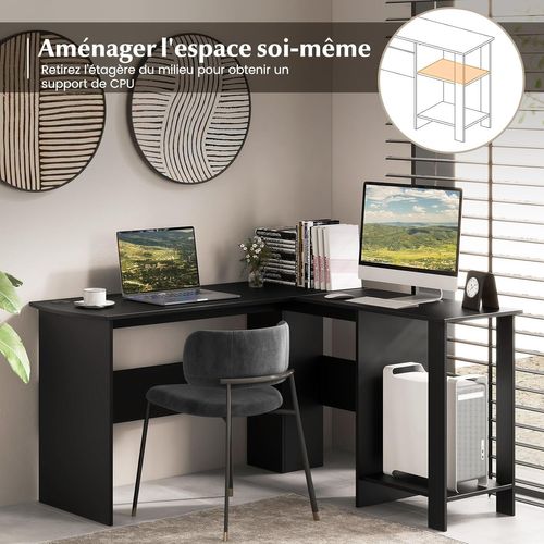 Bureau En Forme De L, Bureau D'angle Avec Étagères De Rangement à 2 Niveaux, 2 Passe-câbles