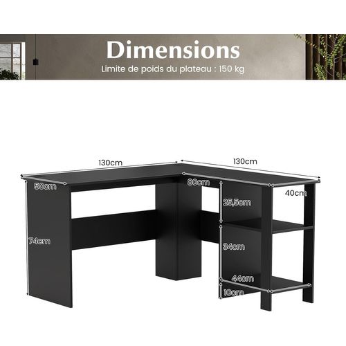 Bureau En Forme De L, Bureau D'angle Avec Étagères De Rangement à 2 Niveaux, 2 Passe-câbles
