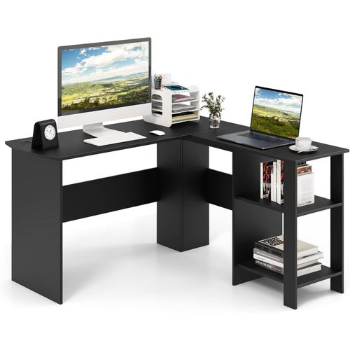 Bureau En Forme De L, Bureau D'angle Avec Étagères De Rangement à 2 Niveaux, 2 Passe-câbles