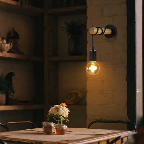 Applique Murale Rétro Industrielle Bois Noir Métal E27 Bureau