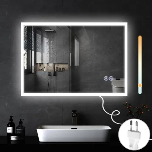 Miroir Avec Lumière 100x60cm Miroir Mural LED Verre Antidéflagrant Avec Miroir Tactile