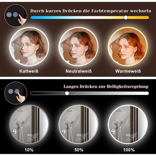 Miroir Avec Éclairage Rond Miroir Mural LED Ip44 50cm Avec Fonction Miroir Tactile Éclairé Rond