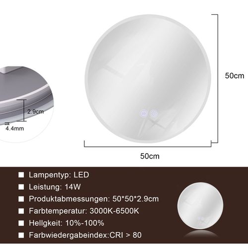 Miroir Avec Éclairage Rond Miroir Mural LED Ip44 50cm Avec Fonction Miroir Tactile Éclairé Rond