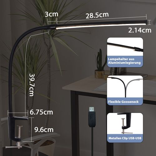 Lampe De Bureau LED Noire 3 Couleurs 5 Niveaux De Luminosité USB Protection Des Yeux Flexible