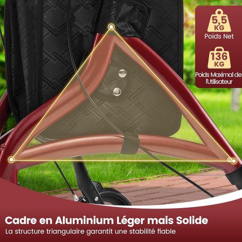 Déambulateur à 3 Roues Pliable En Aluminium, Hauteur Réglable Avec Panier De Rangement (rouge)