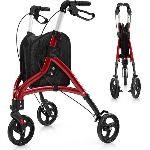 Déambulateur à 3 Roues Pliable En Aluminium, Hauteur Réglable Avec Panier De Rangement (rouge)