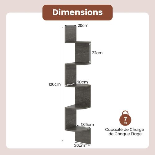 Étagère D'angle à 5 Niveaux, Bibliothèque Murale Flottante En Bois, Gain De Place (gris)