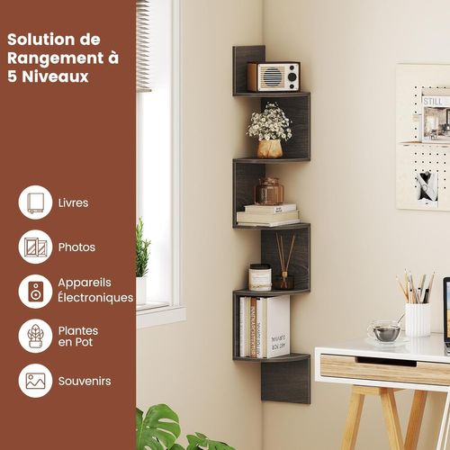 Étagère D'angle à 5 Niveaux, Bibliothèque Murale Flottante En Bois, Gain De Place (gris)