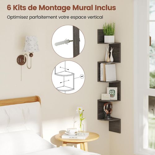Étagère D'angle à 5 Niveaux, Bibliothèque Murale Flottante En Bois, Gain De Place (gris)