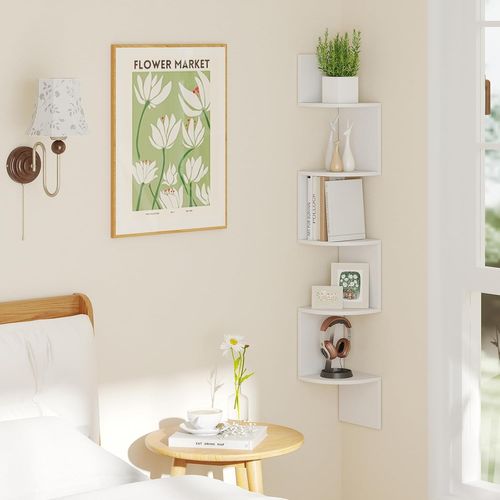 Étagère D'angle à 5 Niveaux, Bibliothèque Murale Flottante En Bois, Gain De Place (blanc)