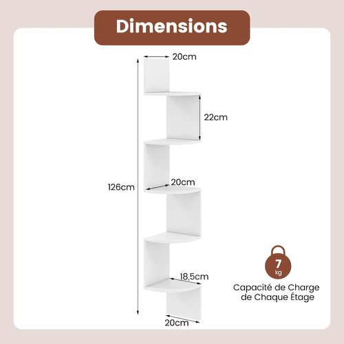 Étagère D'angle à 5 Niveaux, Bibliothèque Murale Flottante En Bois, Gain De Place (blanc)