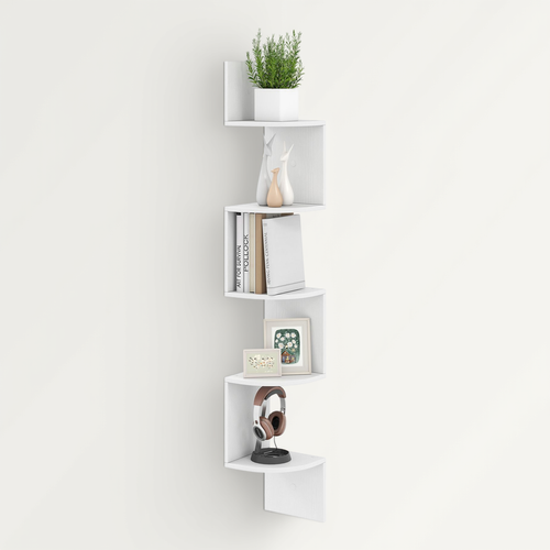 Étagère D'angle à 5 Niveaux, Bibliothèque Murale Flottante En Bois, Gain De Place (blanc)