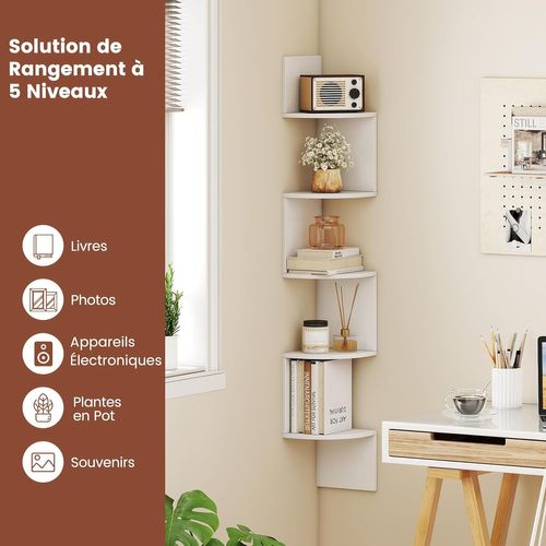 Étagère D'angle à 5 Niveaux, Bibliothèque Murale Flottante En Bois, Gain De Place (blanc)