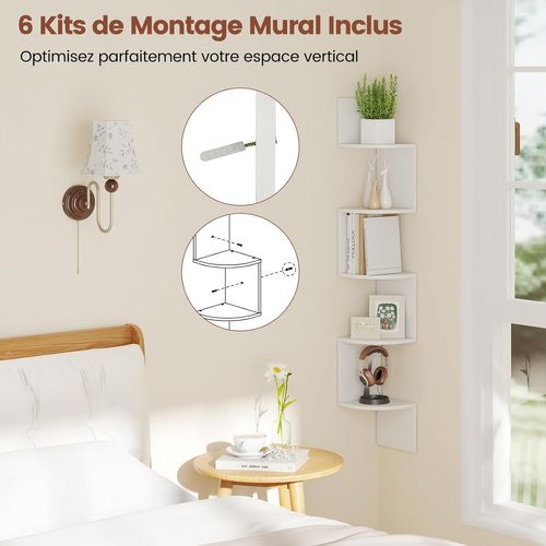 Étagère D'angle à 5 Niveaux, Bibliothèque Murale Flottante En Bois, Gain De Place (blanc)