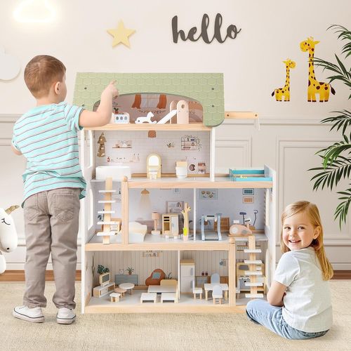 GOPLUS Maison De Poupée 3 étages - Villa Rose Avec Meubles - Cuisine, Salon, Chambre, Salle De Bain - Dès 3 Ans