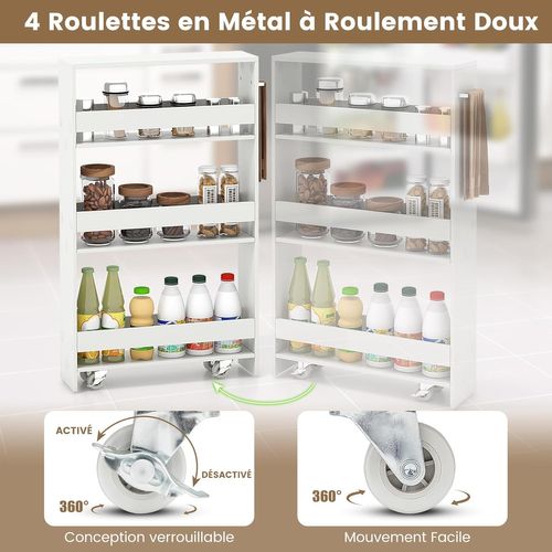 Chariot De Rangement 13 Cm à Roulettes, 4 Niveaux Avec Poignée Latérale Et Freins (blanc Pur)