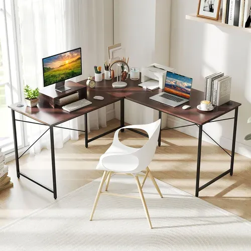 Bureau D'angle En L Réversible 150x150x74cm, Support Moniteur, 3 Trous De Câble ,brun