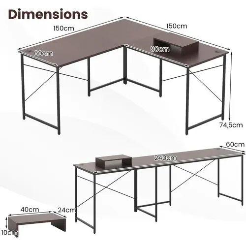 Bureau D'angle En L Réversible 150x150x74cm, Support Moniteur, 3 Trous De Câble ,brun
