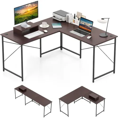 Bureau D'angle En L Réversible 150x150x74cm, Support Moniteur, 3 Trous De Câble ,brun