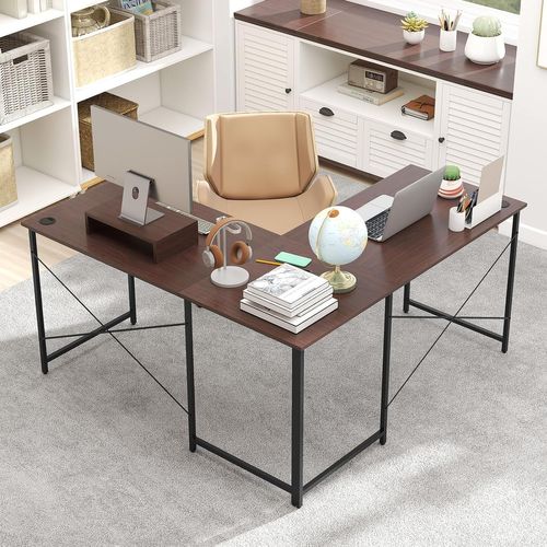Bureau D'angle En L Réversible 150x150x74cm, Support Moniteur, 3 Trous De Câble ,brun