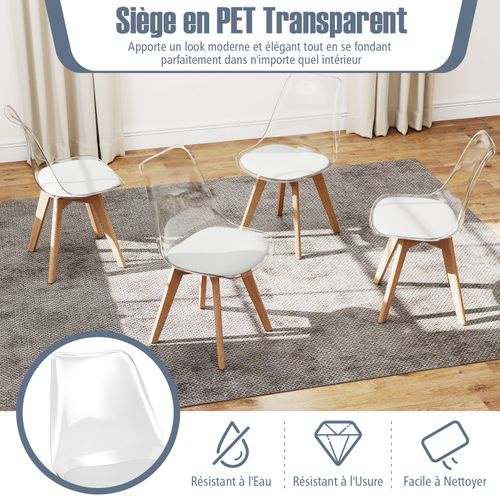 Lot 4 Chaises Scandinaves Transparentes, Bois Hêtre, Siège Simili Cuir,52x47x81cm ,blanc