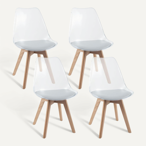 Lot 4 Chaises Scandinaves Transparentes, Bois Hêtre, Siège Simili Cuir,52x47x81cm ,blanc